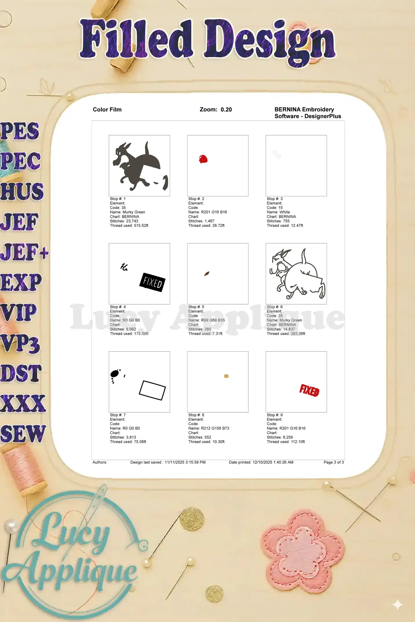 Step-by-step color film for the 'Fixed' dog fill embroidery, illustrating the precise stitching sequence by color.