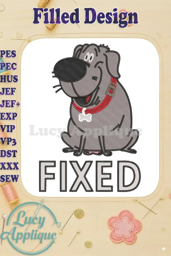 A delightful grey cartoon dog, Dug from Up, with a red collar and 'FIXED' text, showcasing detailed fill embroidery.