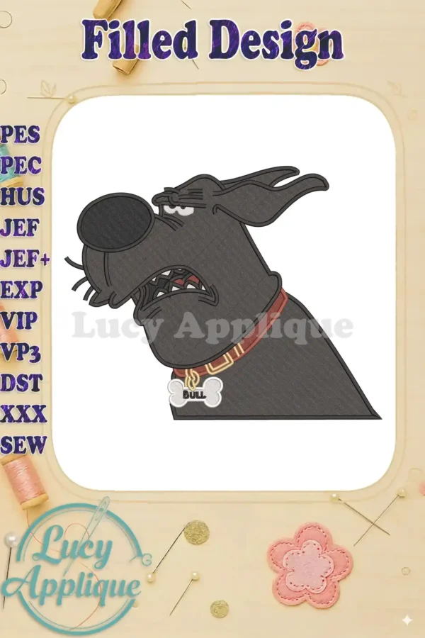 A detailed fill embroidery design of Bull, the grumpy black dog, ready to add a fierce touch to your crafts.
