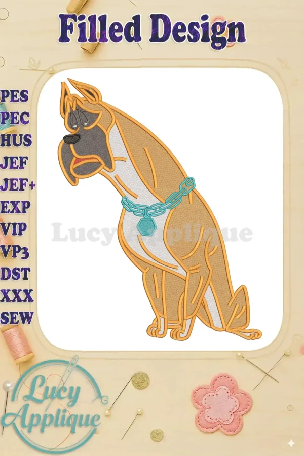 A full-color fill embroidery design of a stylized cartoon Boxer dog, sitting with a stern expression and a blue chain collar.