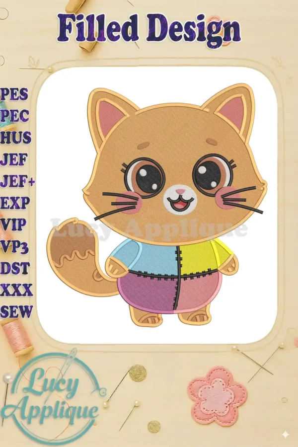 Close-up of Pandy Paws fill embroidery design, featuring his iconic patchwork body and cheerful expression.