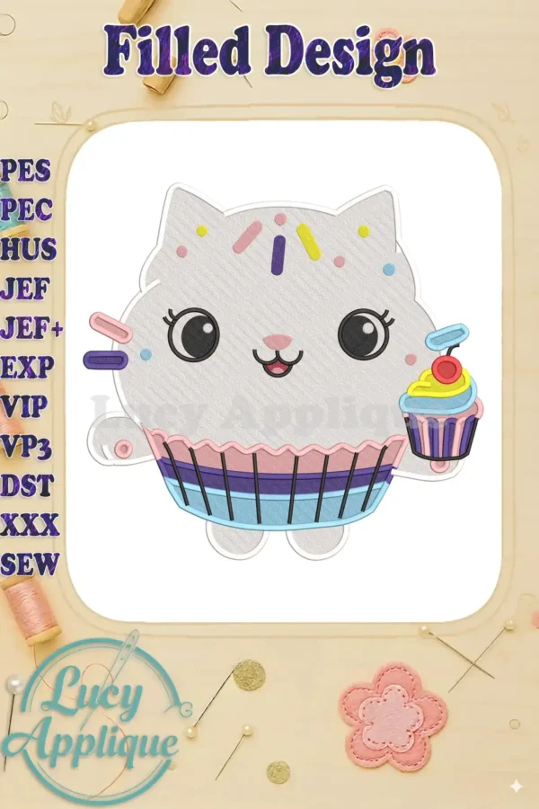 Vibrant Cakey Cat fill embroidery design, holding a cupcake, from Gabby’s Dollhouse The Movie. Adorable!
