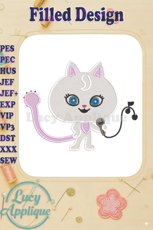 A vibrant fill embroidery design of DJ Catnip from Gabby's Dollhouse, a grey cat holding a microphone.
