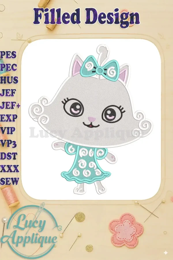 Adorable Kitty Fairy fill embroidery design from Gabby's Dollhouse, featuring detailed stitches and vibrant colors.