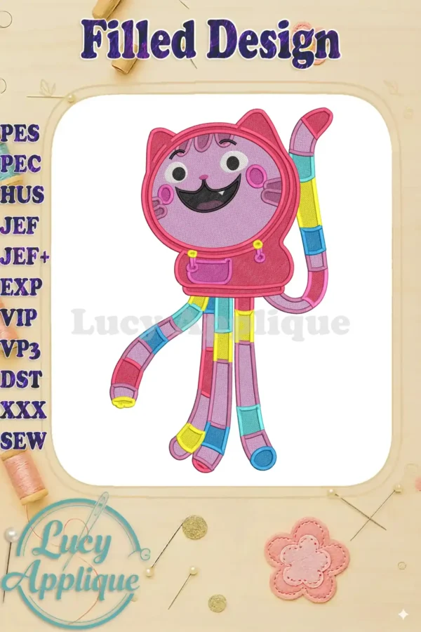 Vibrant Pandy Paws fill embroidery design from Gabby's Dollhouse The Movie, featuring a cheerful character in a hoodie.