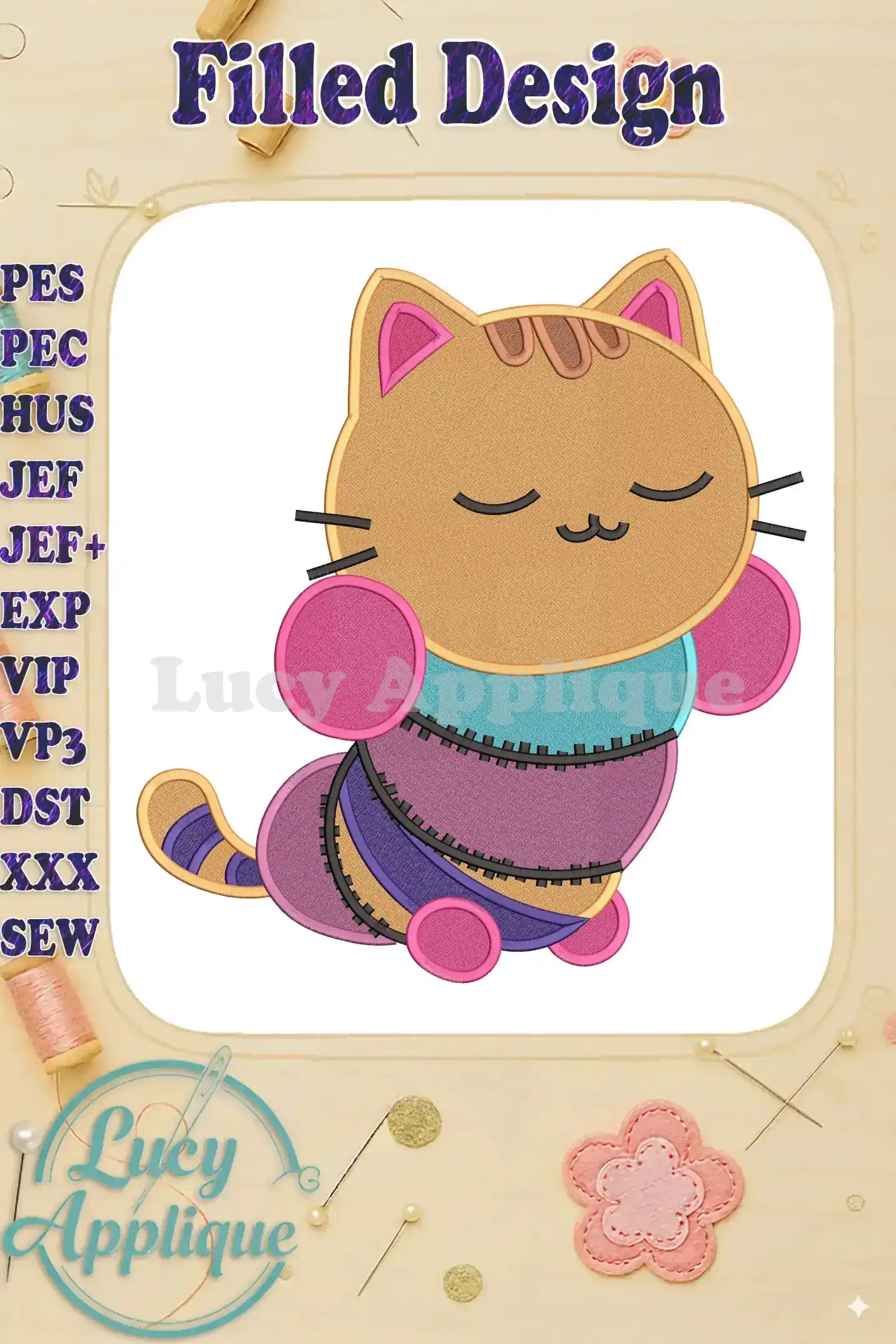 Vibrant Pillow Cat fill embroidery design from Gabby’s Dollhouse, featuring rich textures and playful colors on a white background.