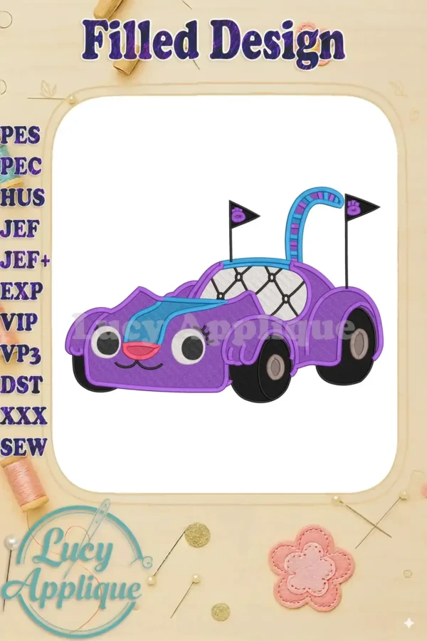 A vibrant purple CatCar from Gabby's Dollhouse, an adorable fill embroidery design with playful details and flags.