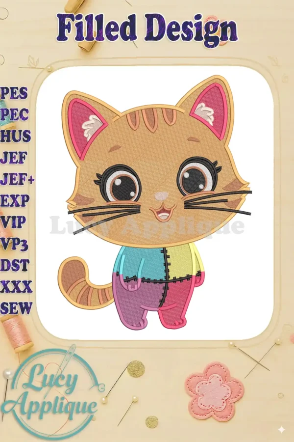 A delightful Pandy Paws fill embroidery design from Gabby's Dollhouse The Movie, featuring a patchwork body.