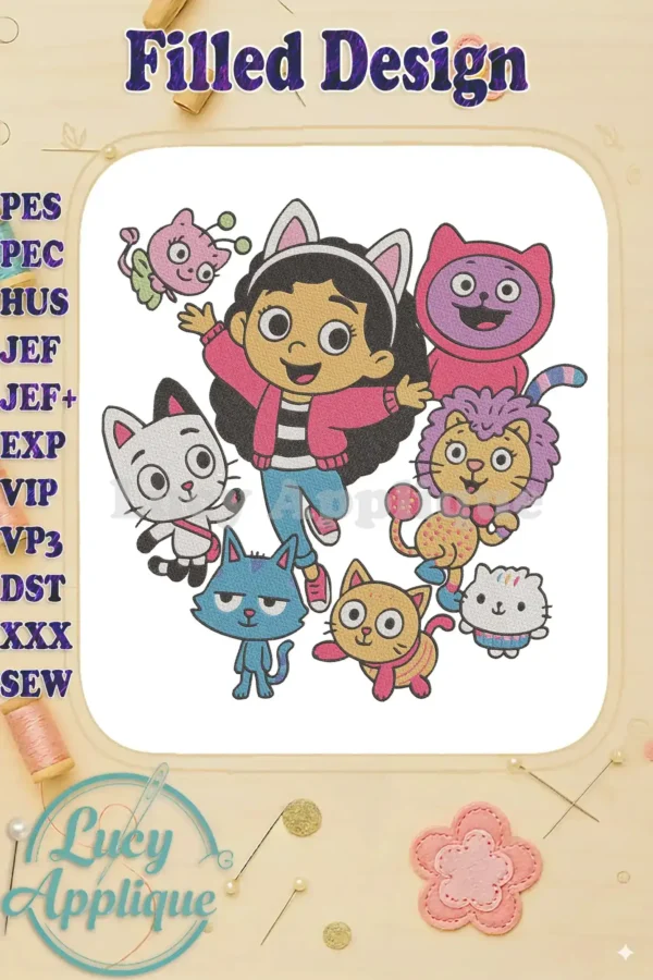 Gabby's Dollhouse fill embroidery design featuring Gabby, Pandy Paws, MerCat, and other beloved cat friends.