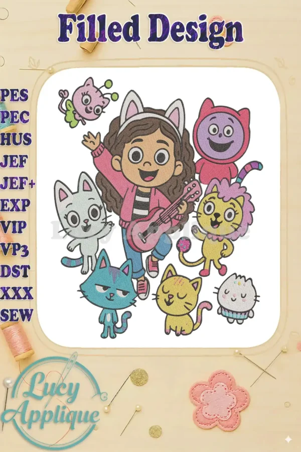 Gabby's Dollhouse The Movie fill embroidery featuring Gabby with a guitar surrounded by Pandy Paws and other cat friends.
