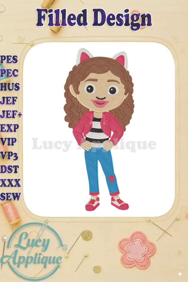 Full-body Gabby's Dollhouse fill embroidery of Gabby, with signature cat ears, pink jacket, and blue jeans.