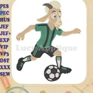 A lively fill embroidery design of a cartoon goat with horns, wearing a green and black soccer uniform, actively dribbling a soccer ball.
