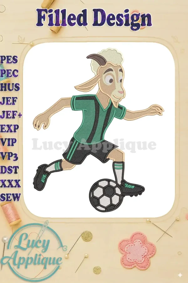 A lively fill embroidery design of a cartoon goat with horns, wearing a green and black soccer uniform, actively dribbling a soccer ball.