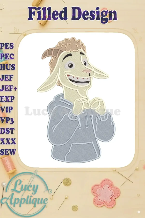 A charming fill embroidery of a cartoon goat with a wide smile, wearing a comfortable light grey hoodie.