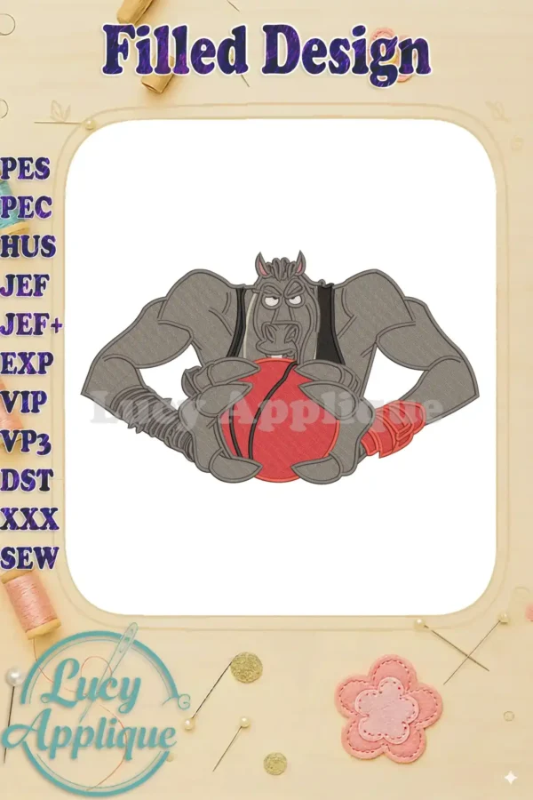 A powerful fill embroidery design of a muscular, gray horse-like character with a determined face, holding a red basketball, ready for action.