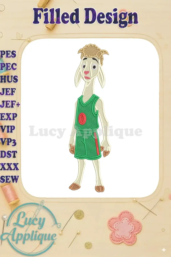 A detailed fill embroidery design of Kuzco the llama in a green basketball jersey and shorts, ready for action.