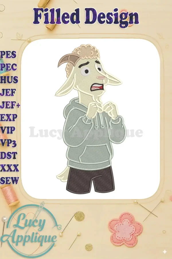 Full embroidery design of a wide-eyed, startled goat character wearing a light grey hoodie and dark shorts.