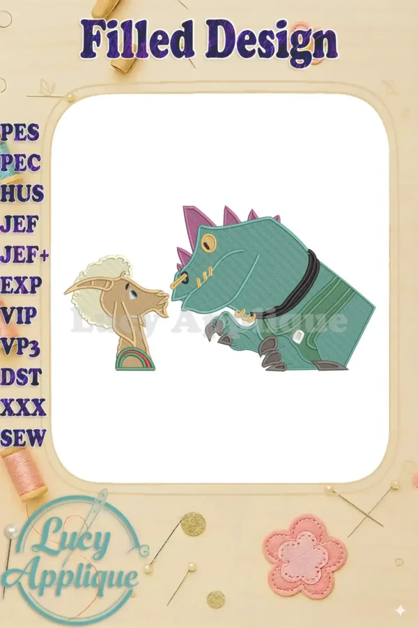 A vibrant fill embroidery design of a stylized goat-like creature facing a friendly, teal dinosaur.