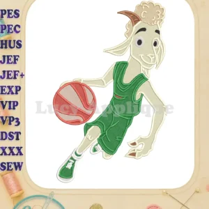 A vibrant fill embroidery design depicting a cartoon goat enthusiastically dribbling a basketball in a green jersey.