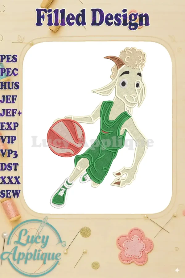 A vibrant fill embroidery design depicting a cartoon goat enthusiastically dribbling a basketball in a green jersey.