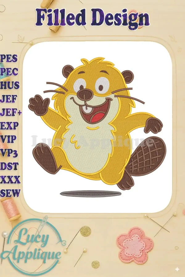A vibrant fill embroidery design of a cheerful, jumping beaver from the Hoppers collection, ready for stitching.