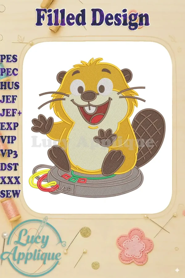A cheerful fill embroidery design featuring an animated beaver, smiling and waving, sitting on a retro console.