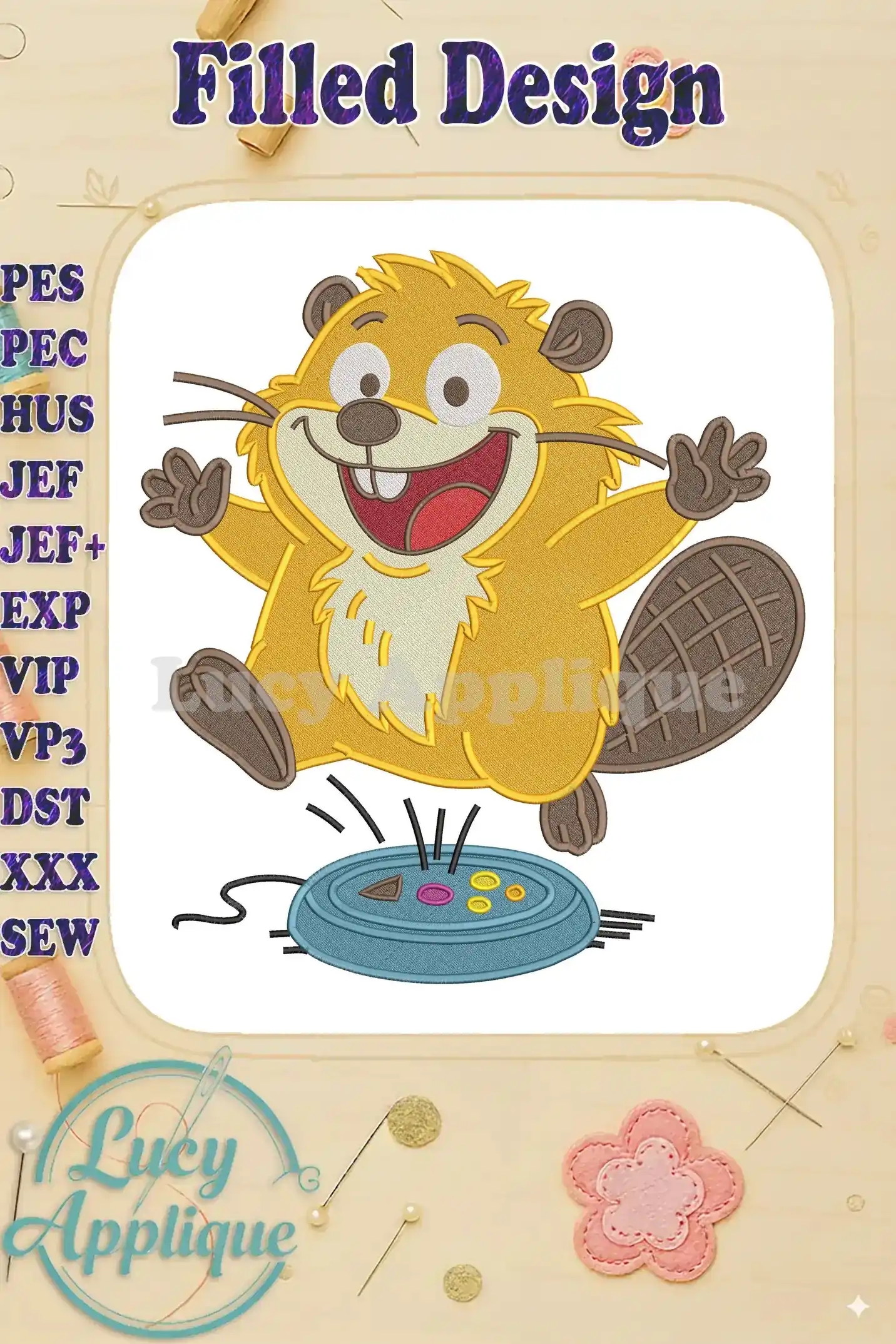 A vibrant fill embroidery design of a joyful cartoon beaver, mid-jump over a blue device, exuding cheerfulness.