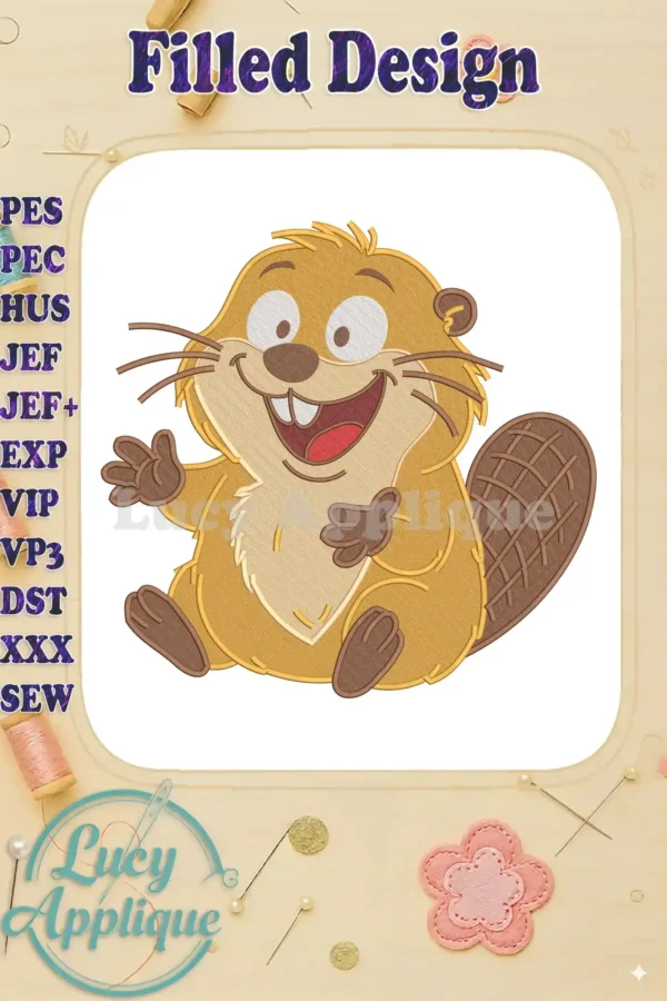A vibrant cartoon beaver fill embroidery design, laughing with open arms, featuring rich texture and detailed stitching.