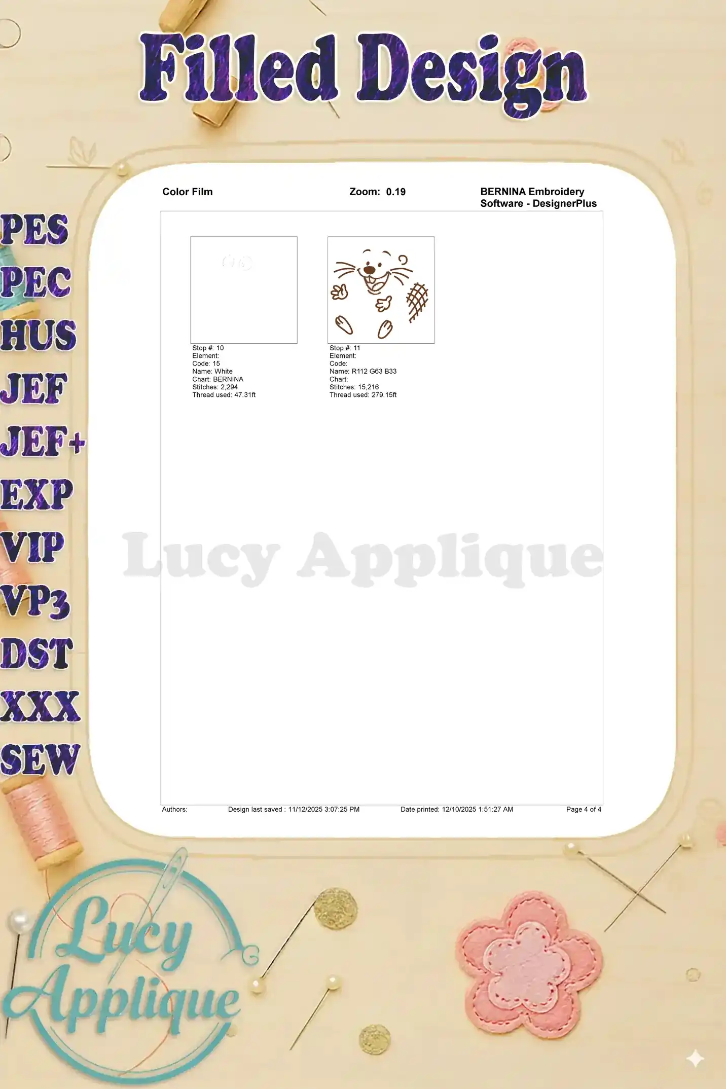 Second page of the embroidery color film, detailing the final stitch sequence and color application for the beaver.