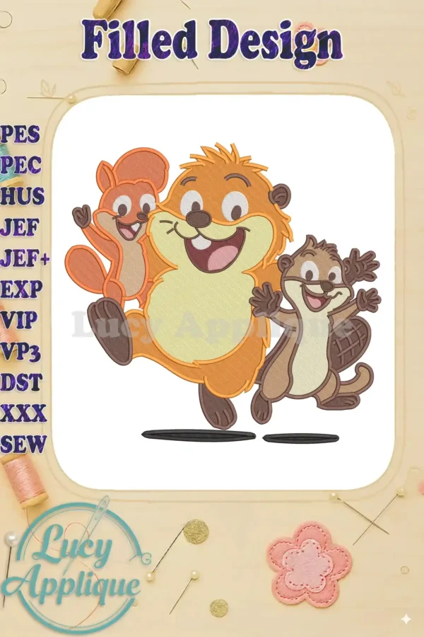 Three cheerful cartoon Hoppers: a large groundhog, a squirrel, and a beaver, in a vibrant fill embroidery design.