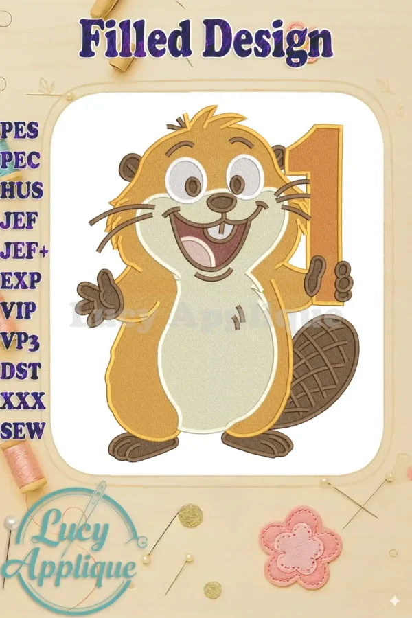 A cheerful Hoppers beaver, rendered in detailed fill embroidery, happily holds up a large orange number one.