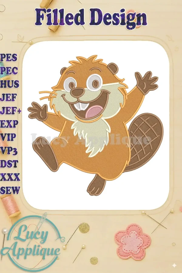 A vibrant fill embroidery design of a cheerful, brown cartoon beaver with big eyes, teeth, and outstretched arms.