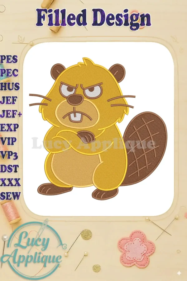 A vibrant fill embroidery design of an angry cartoon beaver with crossed arms and a grumpy expression, detailed with rich brown and yellow threads.