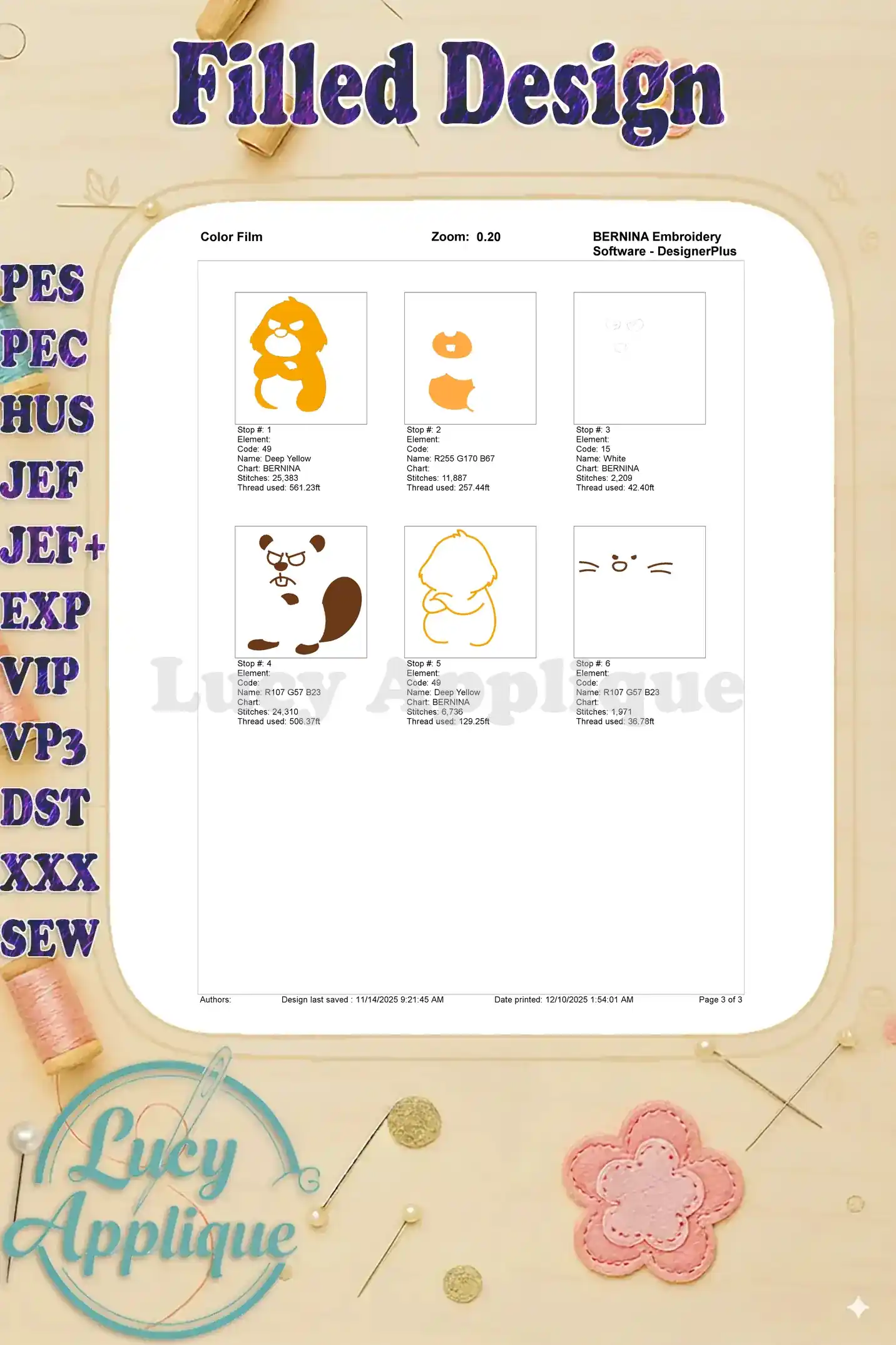 Step-by-step color film sequence for the angry beaver embroidery, illustrating each thread layer and stitch progression.