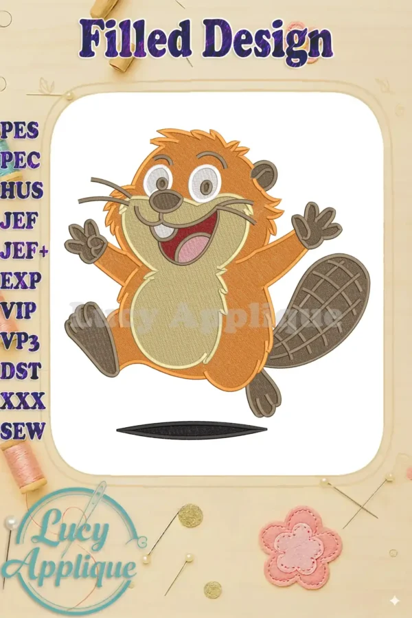 A vibrant fill embroidery design featuring a cheerful, jumping cartoon beaver with a wide smile and buck teeth.