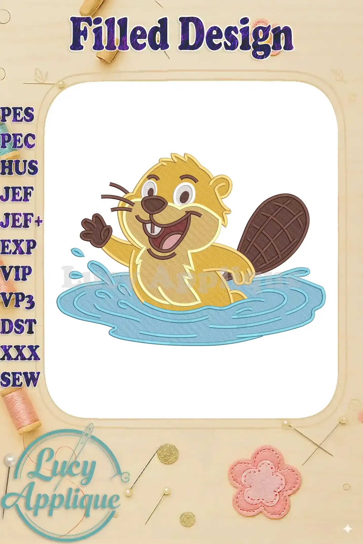 Dynamic 313 beaver fill embroidery design, joyfully splashing in water with a wide, happy smile and raised paw.