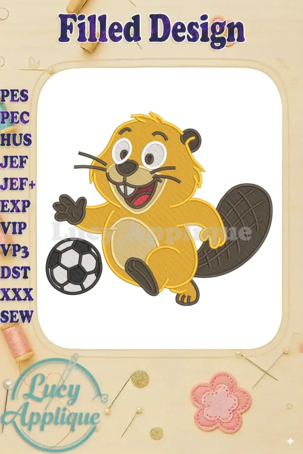 Vibrant fill embroidery of a cheerful cartoon beaver dribbling a soccer ball, perfect for playful textile projects.