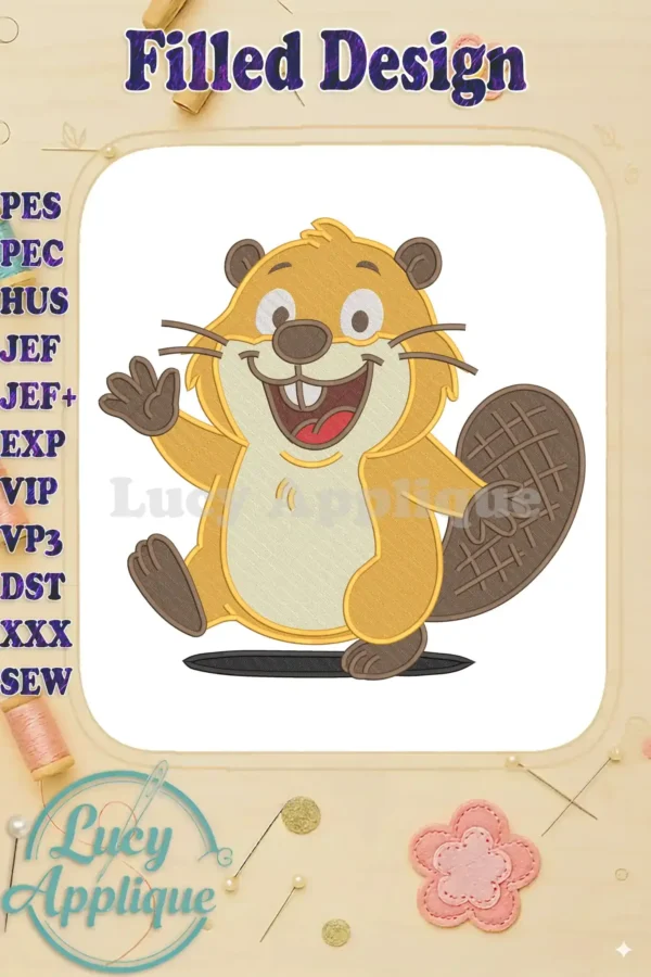 A lively, cartoon beaver fill embroidery design, smiling and waving, featuring rich textures and vibrant colors. Perfect for kid's apparel.