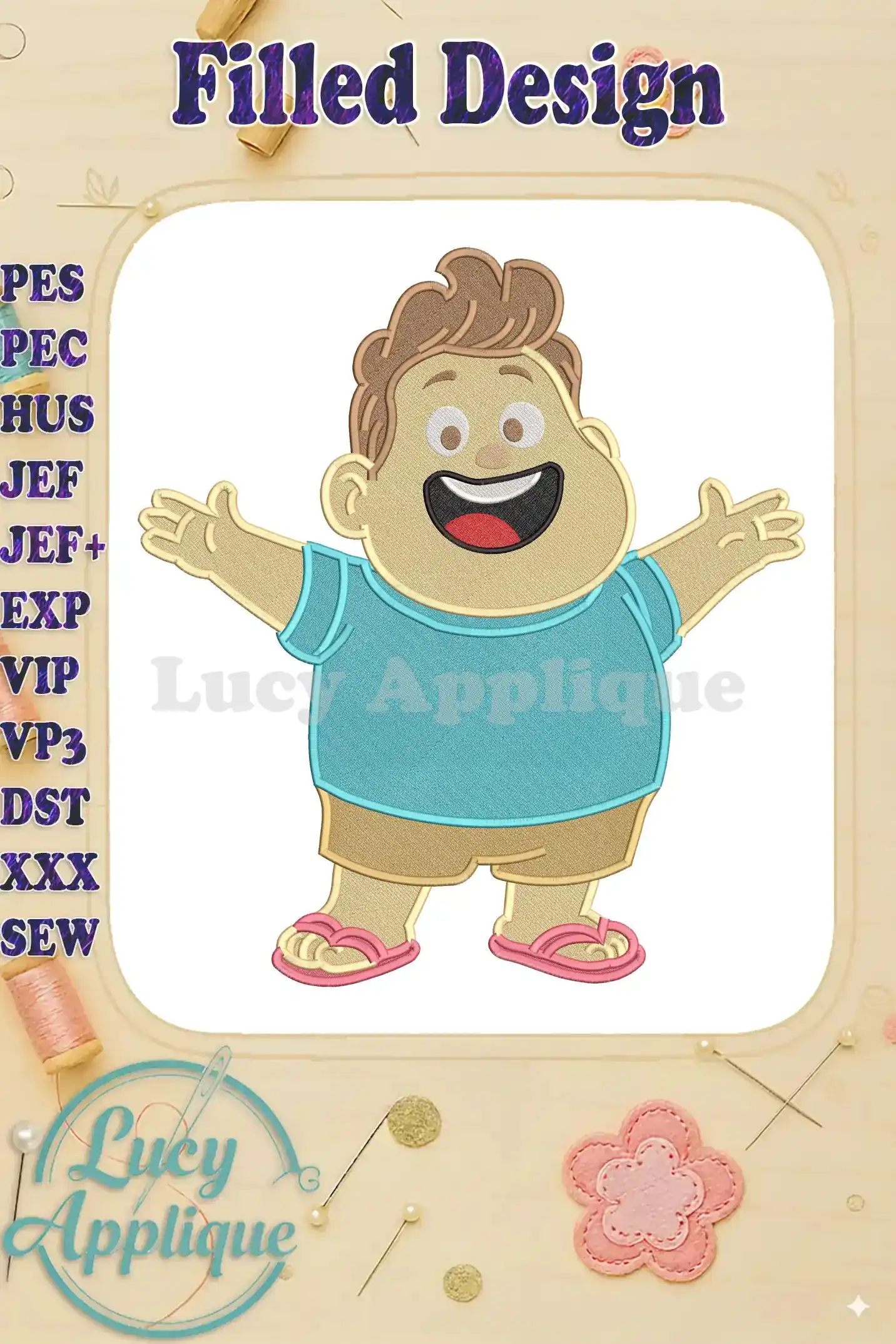 Vibrant '321' character Jumbo Fill Embroidery design, a happy boy with outstretched arms, detailed stitching.