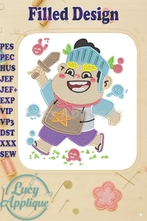 Vibrant Jumbo Fill Embroidery design of a cheerful knight, named 326, with sword and shield on white background.