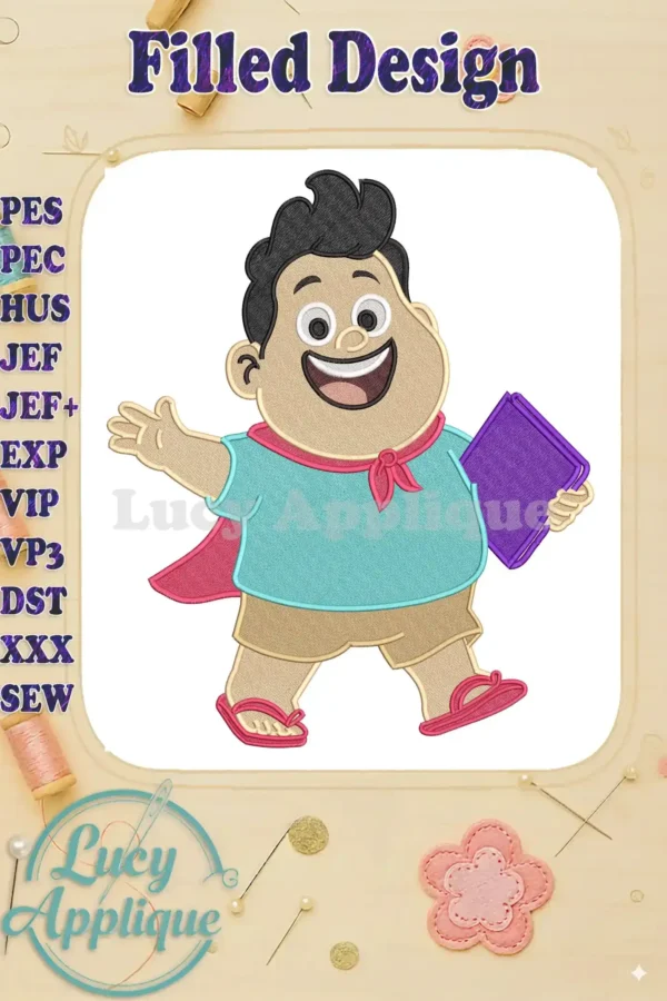 Jumbo fill embroidery featuring a cheerful, dark-haired boy in a blue shirt, red cape, holding a purple book.