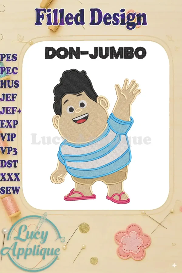 Vibrant Jumbo Don-Jumbo fill embroidery design featuring a cheerful boy in a striped shirt, waving happily.