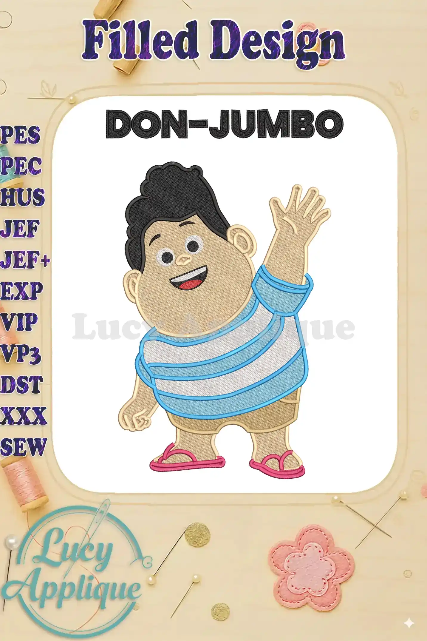 Vibrant Jumbo Don-Jumbo fill embroidery design featuring a cheerful boy in a striped shirt, waving happily.