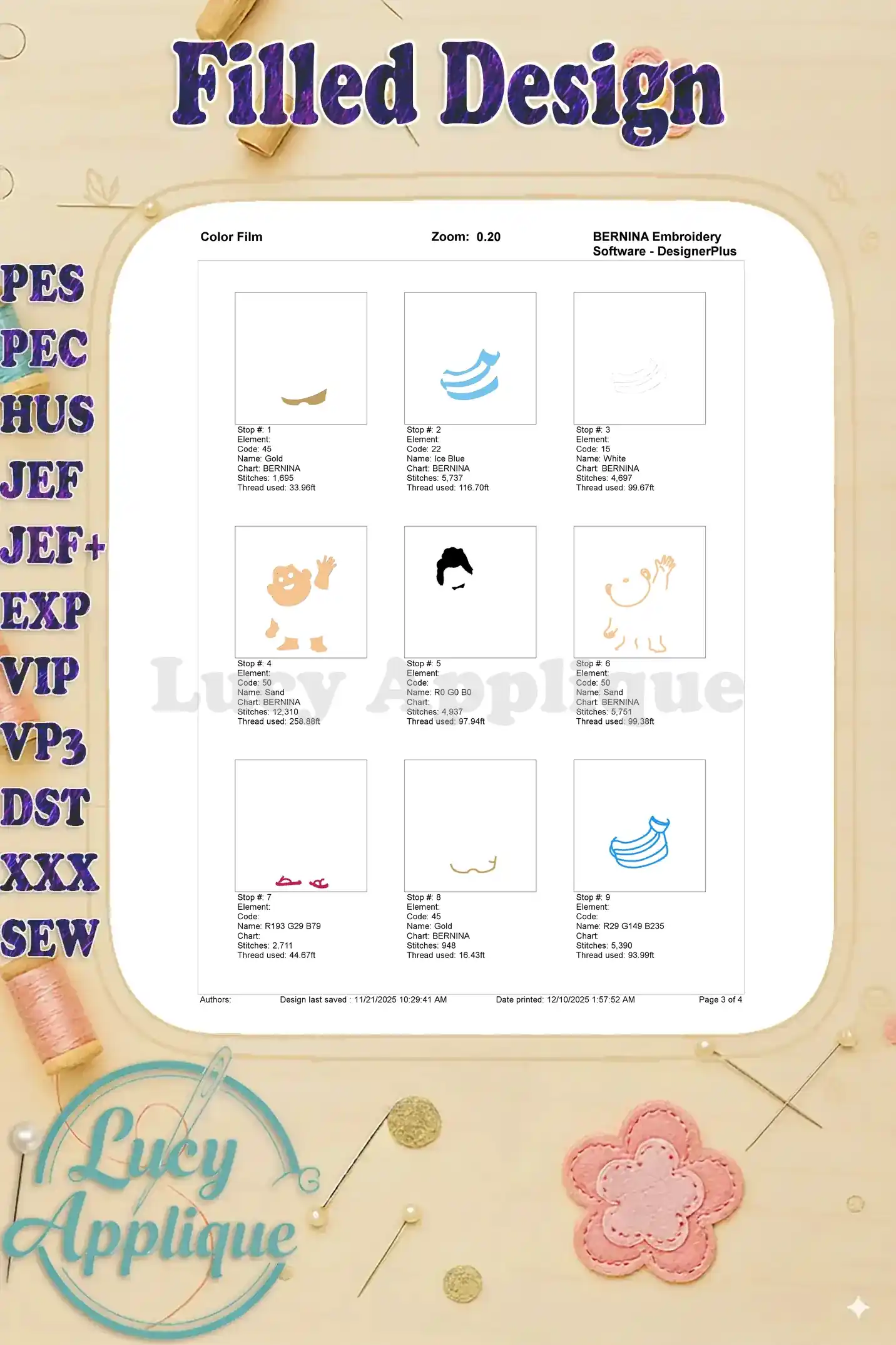 Color film chart, page 3, displaying individual embroidery elements and their corresponding thread colors.