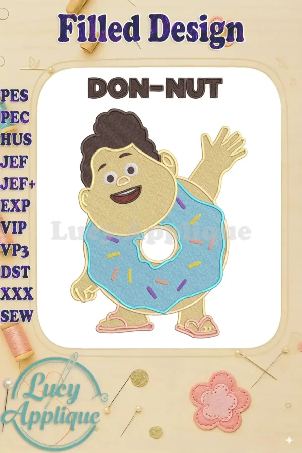 Jumbo Don-Nut fill embroidery design featuring a happy character in a blue sprinkled donut, vibrant and playful.