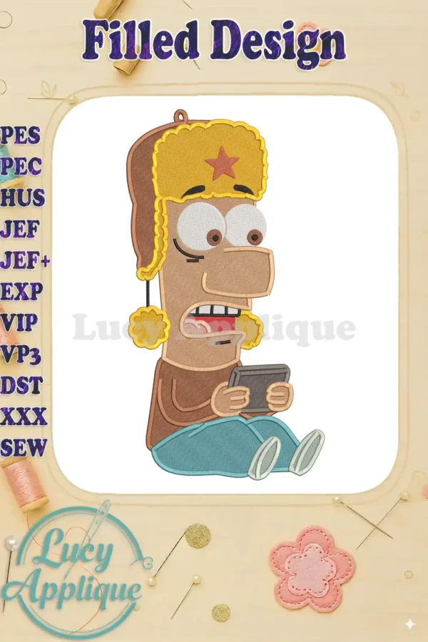 Masameer Junior Ghannam fill embroidery design, wide-eyed and surprised, holding a tablet while wearing a fur hat.