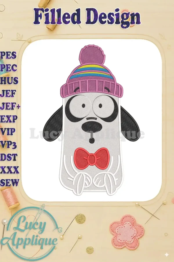 Front view of the Masameer Junior 'Kassab' character fill embroidery, featuring a cozy winter hat and red bowtie on a white background, showcasing intricate detail.