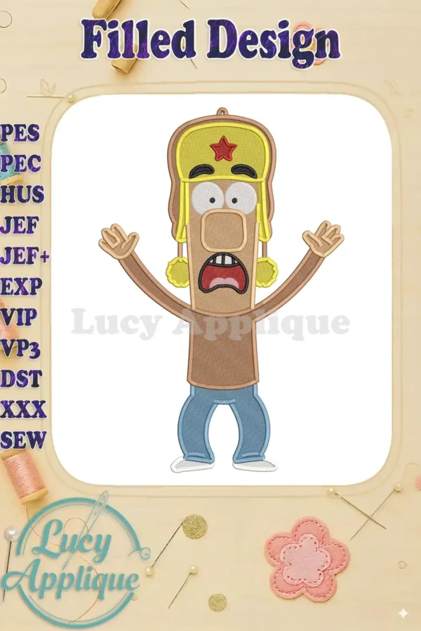 Masameer Junior Kassab fill embroidery, featuring a shocked expression, wide eyes, and yellow ushanka with a red star.