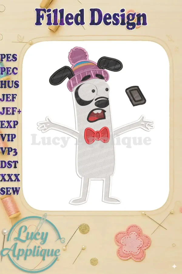 A distressed Shami, Masameer Junior character, in a beanie and bow tie, rendered as a vibrant fill embroidery.