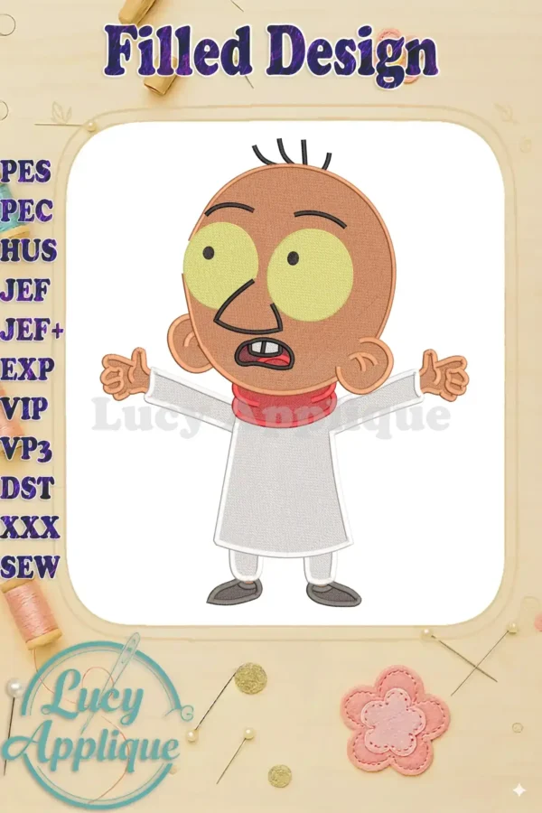 A vibrant fill embroidery design of Ghandour from Masameer Junior, depicted with wide eyes and outstretched arms.